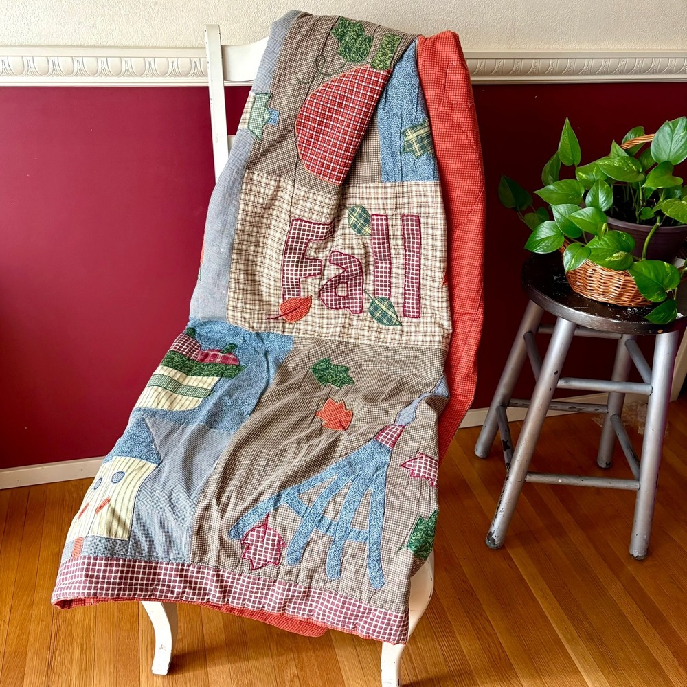 Handmade Vintage Fall Patchwork Quilt 48x58 Cottage Country Farmhouse Blanket